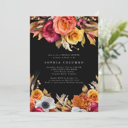 Dark Moody Fall Floral lRomantic Bridal Shower  招待状 (スタンド正面)