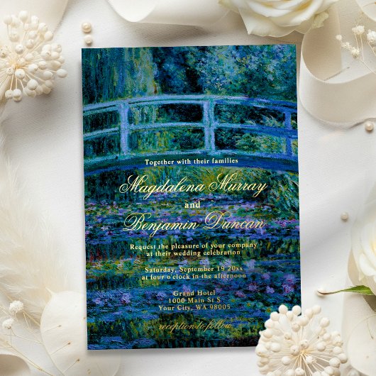 Dark Moody Fine Art Monet Water Lilies Wedding 箔招待状