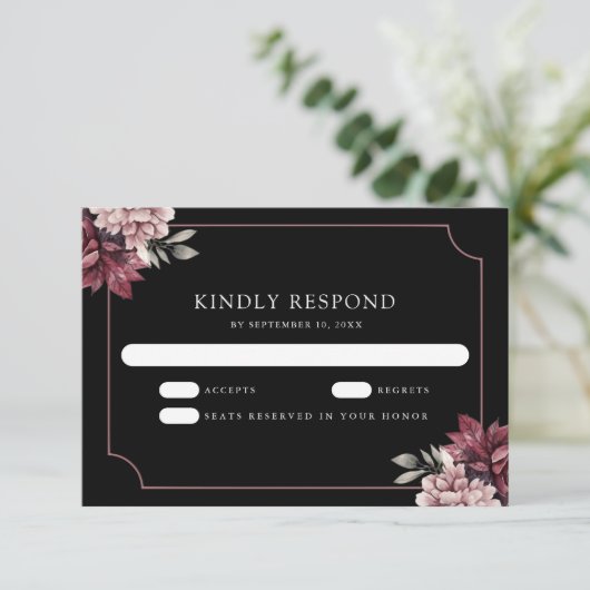 Dark Moody Floral Frame Black Wedding 出欠カード (スタンド正面)