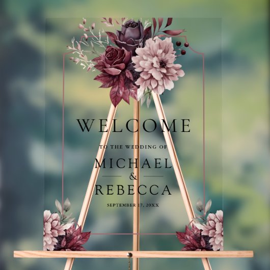 Dark Moody Floral Frame Wedding Welcome アクリルサイン (ニュートラル)