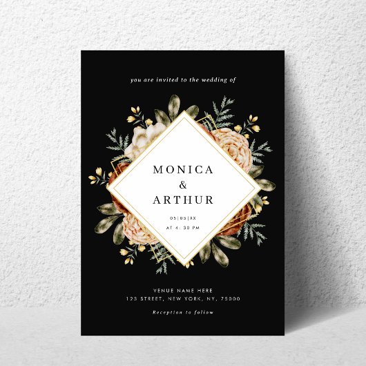 Dark Moody Floral & Gold Frame QR Code Wedding 招待状