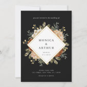 Dark Moody Floral & Gold Frame QR Code Wedding 招待状 (正面)