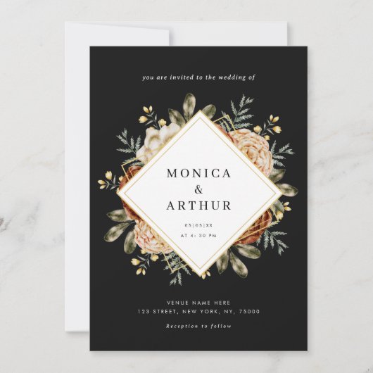 Dark Moody Floral & Gold Frame QR Code Wedding 招待状 (正面)