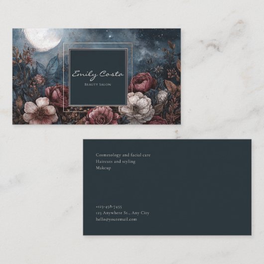 Dark Moody Floral Starry Night Full Moon 名刺 (正面/裏面)