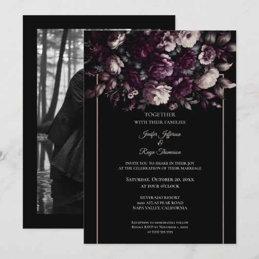 Dark moody flowers Photo Gothic wedding Invitation 招待状 (正面/裏面)