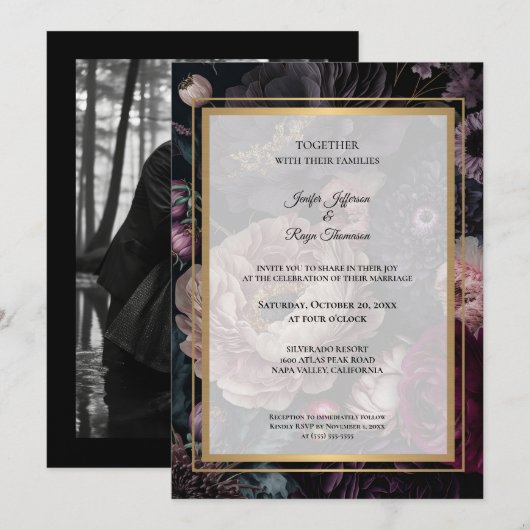 Dark moody flowers Photo Gothic wedding Invitation 招待状 (正面/裏面)