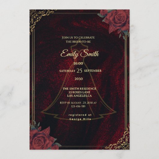 Dark Moody Gothic Red Roses Elegant Bridal Shower 招待状 (正面)