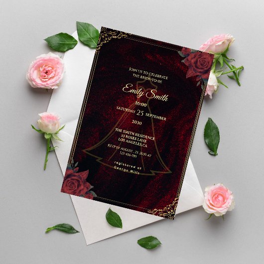 Dark Moody Gothic Red Roses Elegant Bridal Shower 招待状