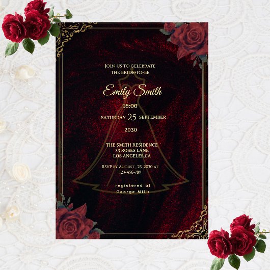 Dark Moody Gothic Red Roses Elegant Bridal Shower 招待状