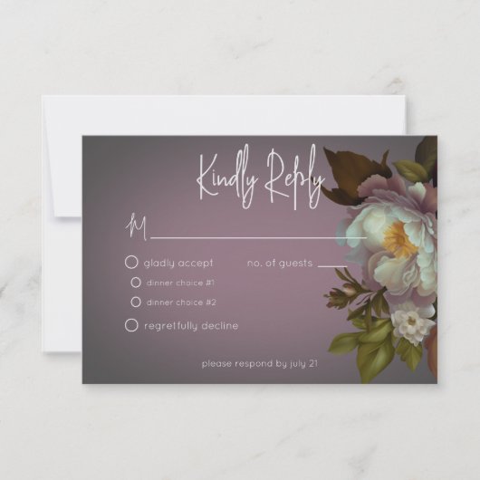 Dark Moody Mauveフローラモダン結婚の 出欠カード (正面)