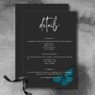 Dark Moody Minimal Teal Moth Wedding Details エンクロージャーカード