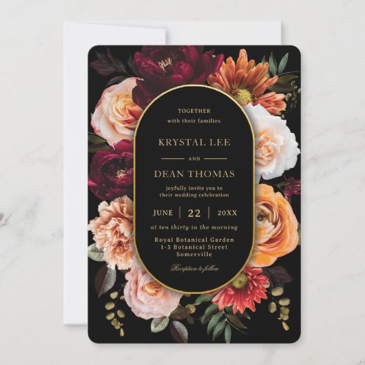 Dark Moody Orange Rust Burgundy Floral Wedding 招待状 (正面)