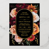 Dark Moody Orange Rust Burgundy Floral Wedding 箔招待状 (正面)