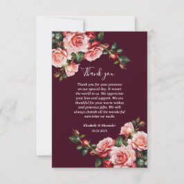 Dark moody pink and red roses burgundy wedding サンキューカード