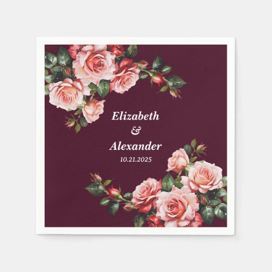 Dark moody pink and red roses burgundy wedding  スタンダードカクテルナプキン (正面)