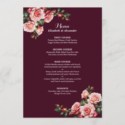 Dark moody pink and red roses burgundy  wedding メニュー (正面)