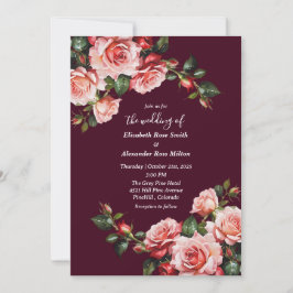 Dark moody pink and red roses burgundy wedding 招待状