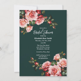 Dark moody pink and red roses green bridal shower 招待状