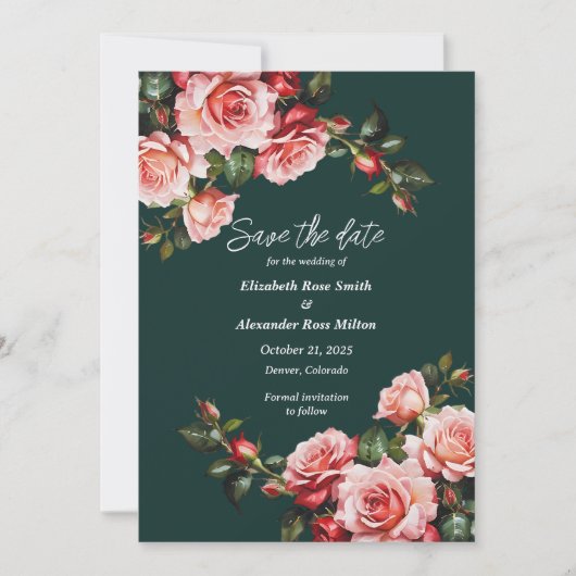 Dark moody pink and red roses green wedding セーブザデート (正面)