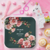 Dark moody pink and red roses green wedding ペーパープレート (パーティー)