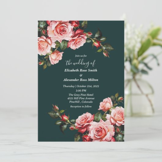 Dark moody pink and red roses green wedding 招待状 (スタンド正面)