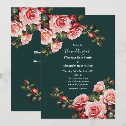 Dark moody pink and red roses green wedding 招待状 (正面/裏面)