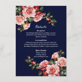 Dark moody pink and red roses navy blue wedding エンクロージャーカード