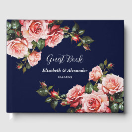 Dark moody pink and red roses navy blue wedding ゲストブック