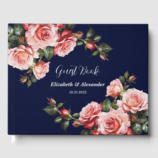 Dark moody pink and red roses navy blue wedding ゲストブック (正面)