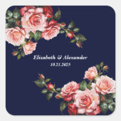 Dark moody pink and red roses navy blue wedding スクエアシール (正面)