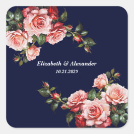 Dark moody pink and red roses navy blue wedding スクエアシール