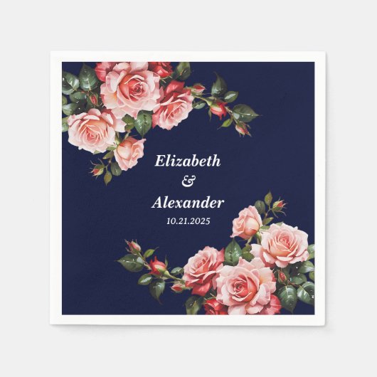 Dark moody pink and red roses navy blue wedding  スタンダードカクテルナプキン (正面)