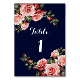 Dark moody pink and red roses navy blue  wedding テーブルナンバー