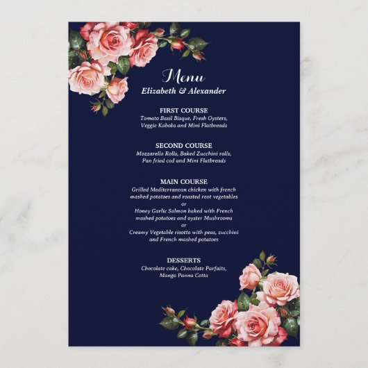 Dark moody pink and red roses navy blue wedding メニュー (正面)
