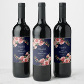 Dark moody pink and red roses navy blue  wedding  ワインラベル (ボトル)