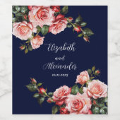 Dark moody pink and red roses navy blue  wedding  ワインラベル (シングルラベル)