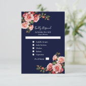 Dark moody pink and red roses navy blue wedding 出欠カード (スタンド正面)