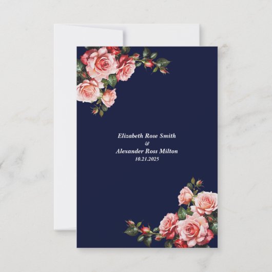 Dark moody pink and red roses navy blue wedding 出欠カード (裏面)
