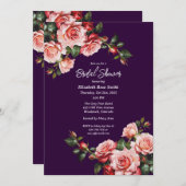 Dark moody pink and red roses purple bridal shower 招待状 (正面/裏面)