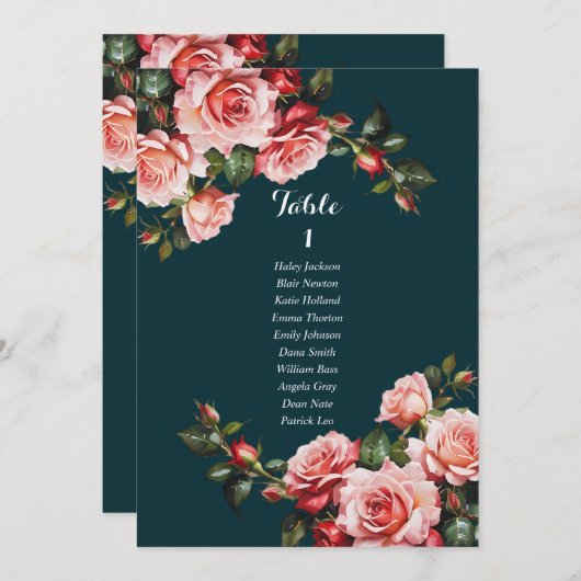 Dark moody pink and red roses seating chart card 招待状 (正面/裏面)