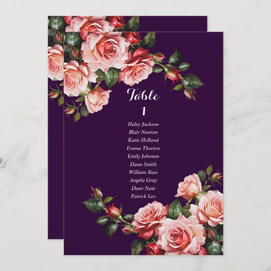 Dark moody pink and red roses seating chart card 招待状 (正面/裏面)