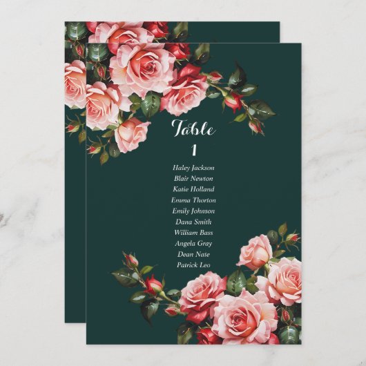Dark moody pink and red roses seating chart card 招待状 (正面/裏面)