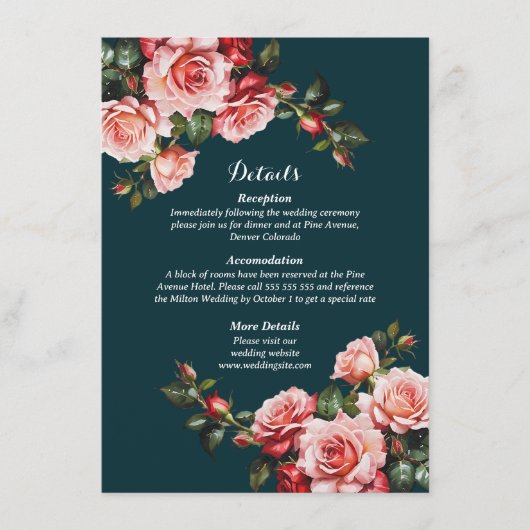 Dark moody pink and red roses teal wedding エンクロージャーカード (正面)