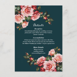 Dark moody pink and red roses teal wedding エンクロージャーカード
