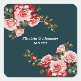 Dark moody pink and red roses teal wedding スクエアシール