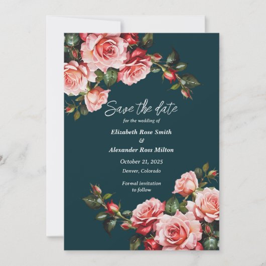 Dark moody pink and red roses teal wedding セーブザデート (正面)