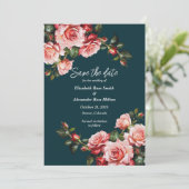 Dark moody pink and red roses teal wedding セーブザデート (スタンド正面)