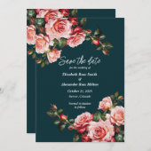 Dark moody pink and red roses teal wedding セーブザデート (正面/裏面)