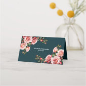 Dark moody pink and red roses teal wedding プレイスカード (裏面)
