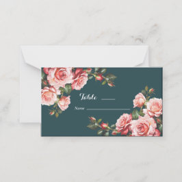 Dark moody pink and red roses teal wedding プレイスカード